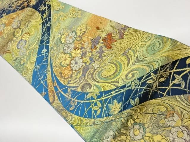 菊に菖蒲・流水模様織出し全通袋帯【中古】【着】【袋帯】 宗sou