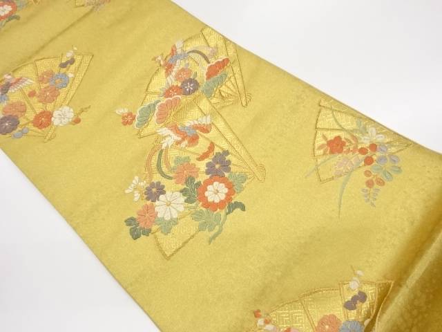 引箔唐織檜扇に鳳凰・松・花々模様織出し袋帯【中古】【着】【袋帯】 宗sou