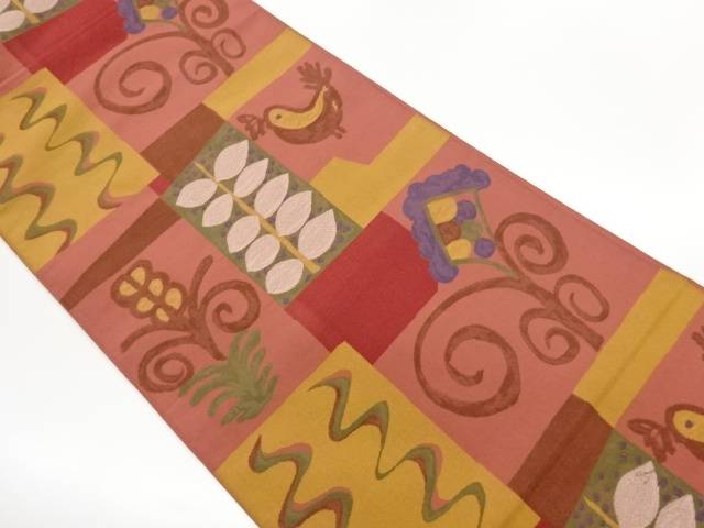 小鳥に花葉・幾何学模様織出し袋帯【中古】【着】【袋帯】 宗sou