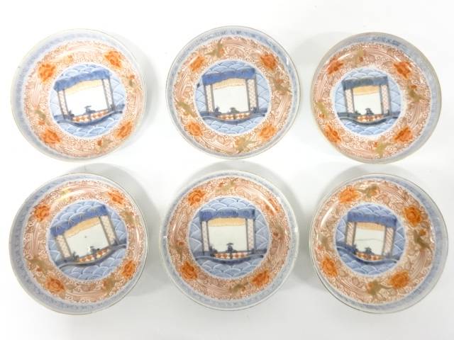 古伊万里　染付色絵　花唐草　五寸皿　6客【中古】【道】 宗sou｜お茶道具・着物　【宗 sou】