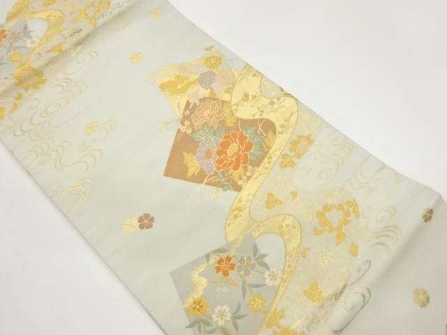 流水に色紙・草花模様織出し名古屋帯【中古】【着】【名古屋帯】 宗sou