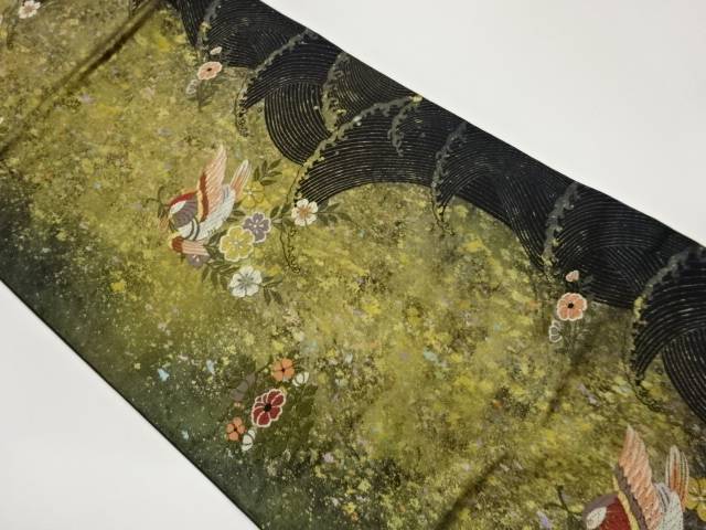 引箔花喰い鳥に荒波模様織出し名古屋帯【中古】【着】【名古屋帯】 宗sou