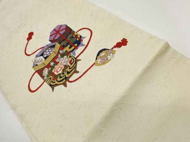 青峰作　民芸手織あみ織紬手描き金彩貝桶に牡丹・流水・松模様名古屋帯【中古】【着】【名古屋帯】 宗sou
