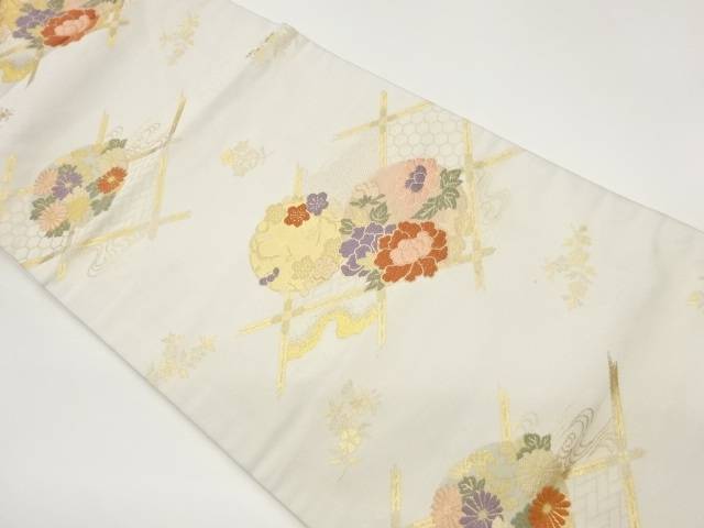 格子に流水・花々模様織出し名古屋帯【中古】【着】【名古屋帯】 宗sou｜お茶道具・着物　【宗 sou】