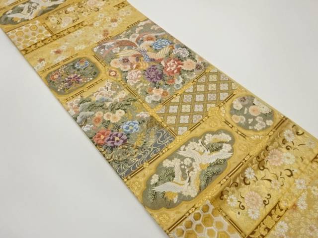 四角に尾長鳥・牡丹・松桜模様織出し袋帯【中古】【着】【袋帯】 宗sou｜お茶道具・着物　【宗 sou】