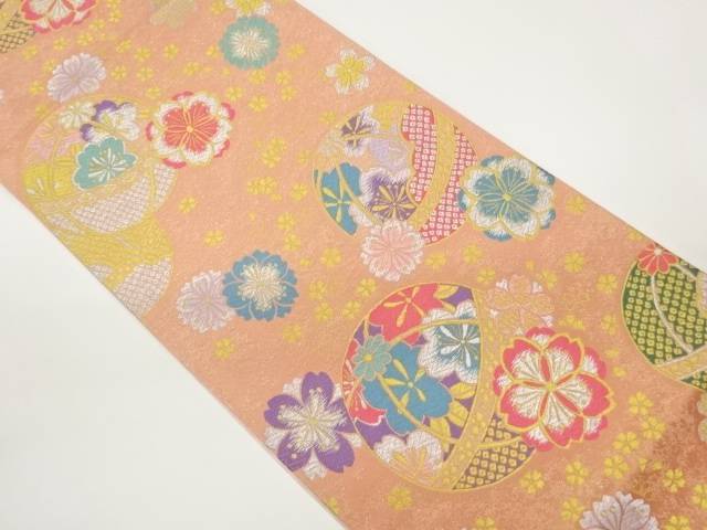 鞠に八重桜模様織出し袋帯【中古】【着】【袋帯】 宗sou