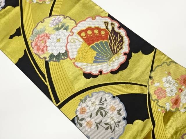 引箔蝶に花々・雪輪模様織出し袋帯【中古】【着】【袋帯】 宗sou|お茶道具・着物 【宗 sou】