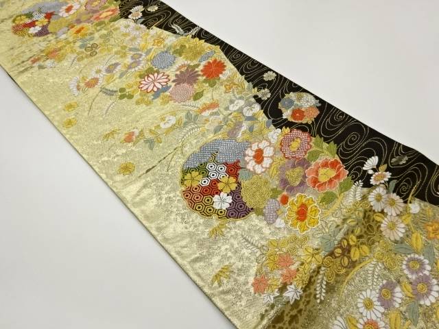 花々に流水・雪輪・花輪模様織出し袋帯【中古】【着】【袋帯】 宗sou|お茶道具・着物 【宗 sou】
