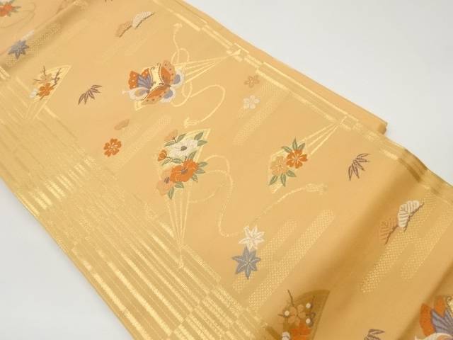 扇に花々・蝶・縞模様織出し名古屋帯【中古】【着】【名古屋帯】 宗sou