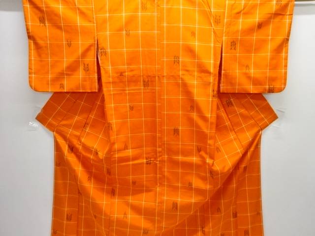 格子に矢羽根絣織り出し米沢紬着物アンサンブル【中古】【着】【紬・お召し】 宗sou