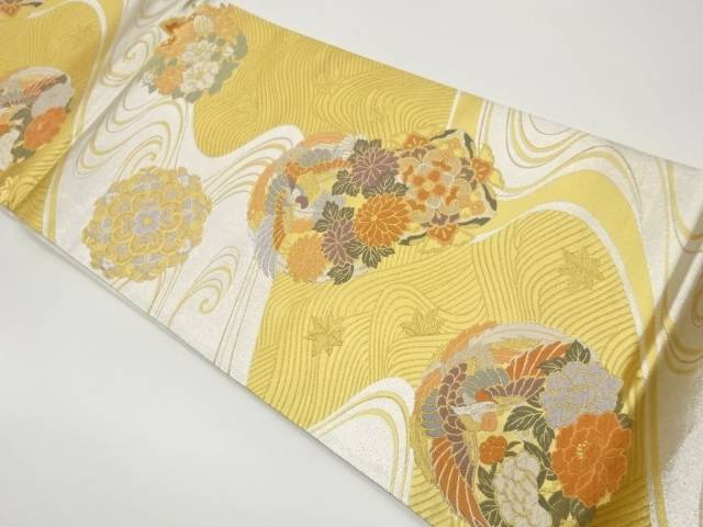 信用第一そして低価格】流水に華文・鳳凰・草花模様織出し袋帯【中古