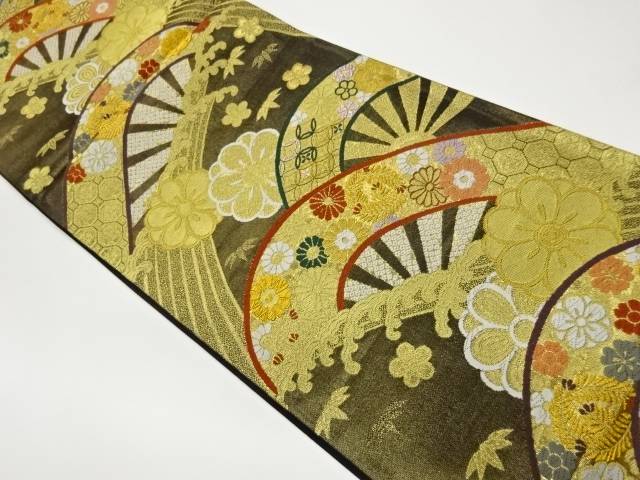 片輪車に荒波・花々・古典柄模様織出し袋帯【中古】【着】【袋帯】 宗sou