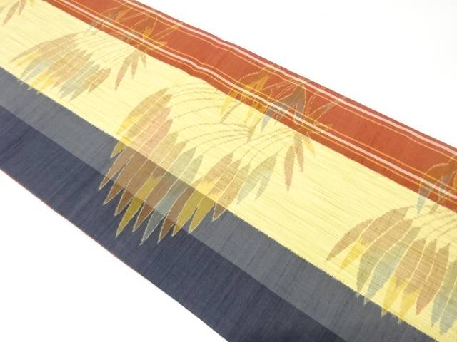 手織り紬　草葉模様織り出し　全通袋帯【中古】【着】【袋帯】 宗sou