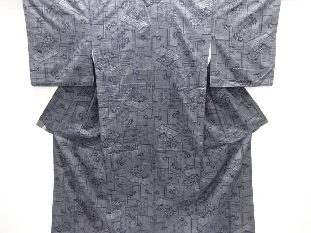 色紙に麻の葉・桔梗模様織り出し手織り紬着物【中古】【着】【紬・お召し】 宗sou