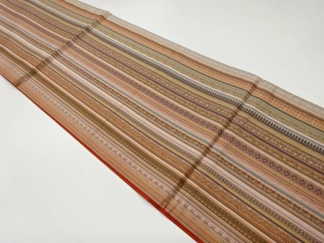 縞に菱・草花模様織出し全通袋帯【中古】【着】【袋帯】 宗sou