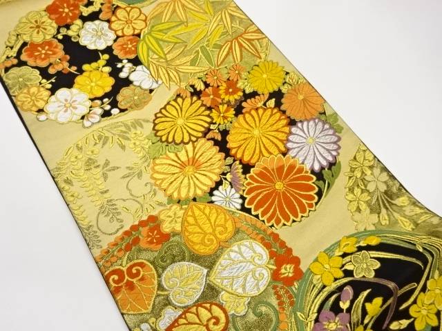 丸文に菊・梅・笹模様織出し袋帯【中古】【着】【袋帯】 宗sou