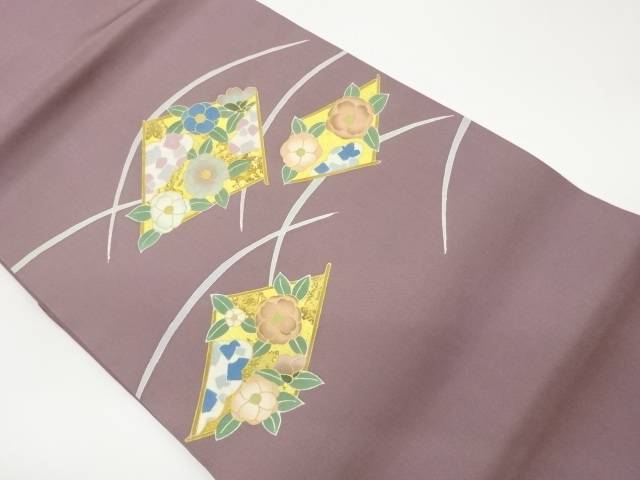 塩瀬金彩菱に花菱・芝模様名古屋帯【中古】【着】【名古屋帯】 宗sou