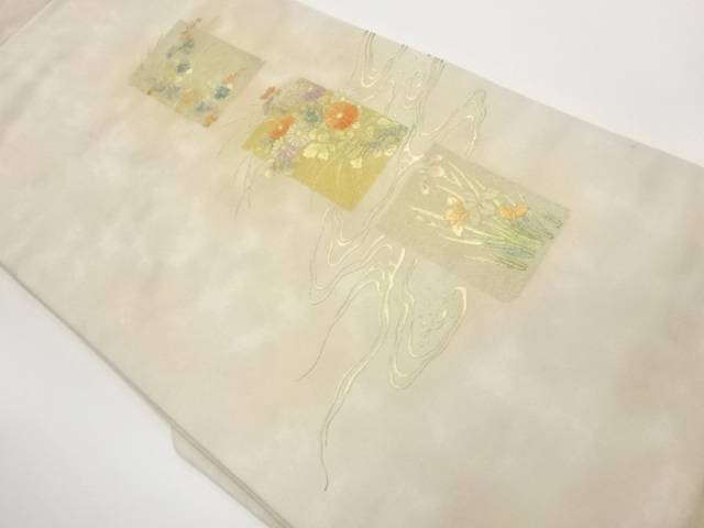 金彩色紙に流水・草花模様名古屋帯【中古】【着】【名古屋帯】 宗sou