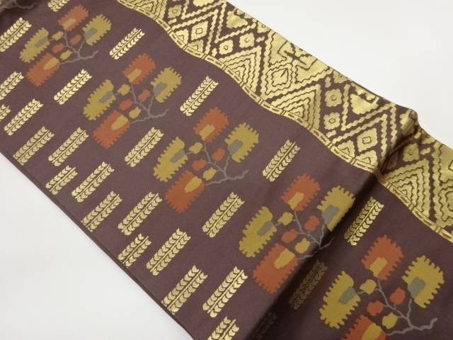 縞に抽象草花・幾何学模様織出し名古屋帯【中古】【着】【名古屋帯】 宗sou