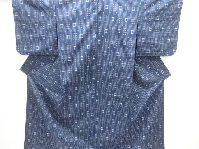 縞に絣柄織り出し手織り紬単衣着物【中古】【着】【紬・お召し】 宗sou
