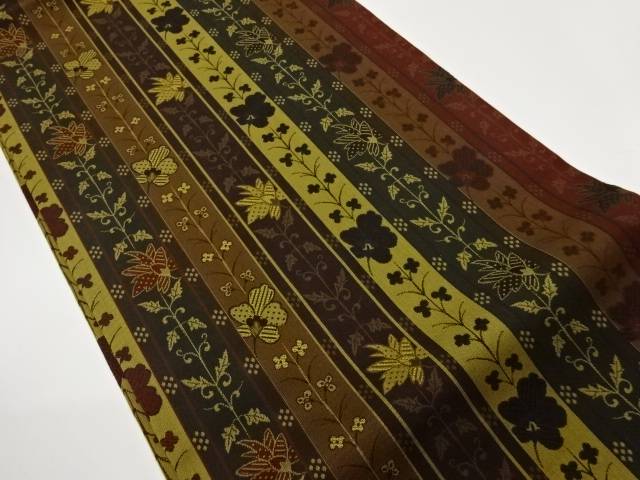 縞に花葉模様織出し開き名古屋帯（額縁仕立て）【中古】【着】【名古屋帯】 宗sou｜お茶道具・着物　【宗 sou】
