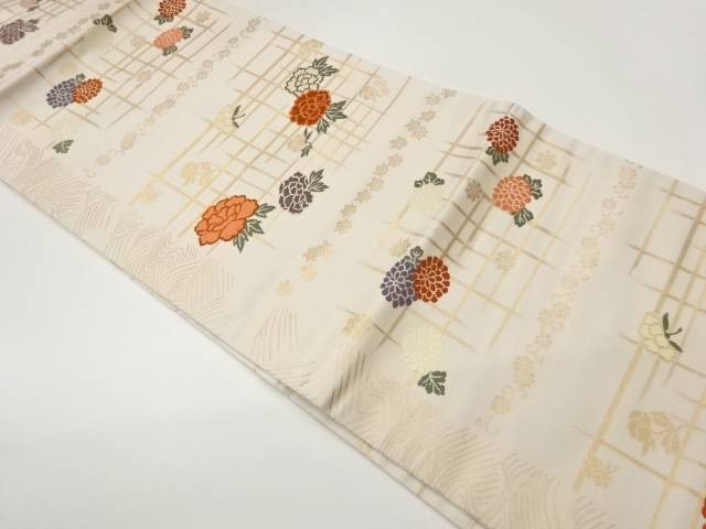 格子に菊・牡丹模様織出し名古屋帯【中古】【着】【名古屋帯】 宗sou
