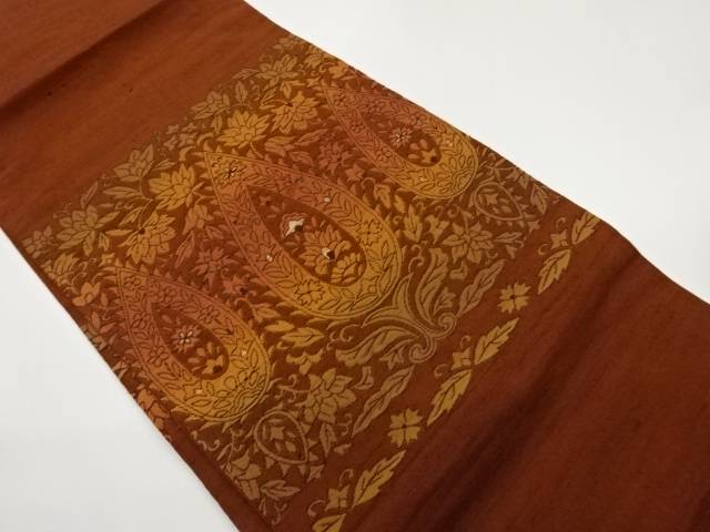 手織り紬抽象花唐草模様織出し名古屋帯【中古】【着】【名古屋帯】 宗sou