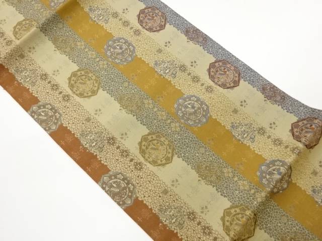 縞に草花・鳳凰模様織出し開き名古屋帯（額縁仕立て）【中古】【着】【名古屋帯】 宗sou