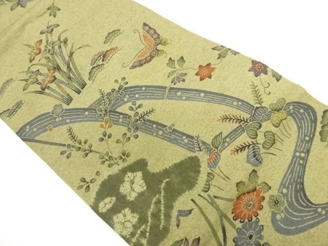 手織り紬絞り草花に蝶模様名古屋帯【中古】【着】【名古屋帯】 宗sou