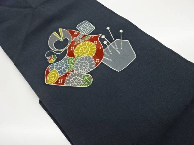 縮緬地型染反物に裁縫道具模様名古屋帯【中古】【着】【名古屋帯】 宗sou