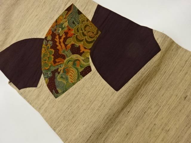手織り紬切り嵌め相良刺繍地紙に抽象草花模様名古屋帯【中古】【着】【名古屋帯】 宗sou