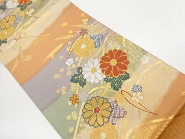 横段に菊・梅・波模様織出し袋帯【中古】【着】【袋帯】 宗sou