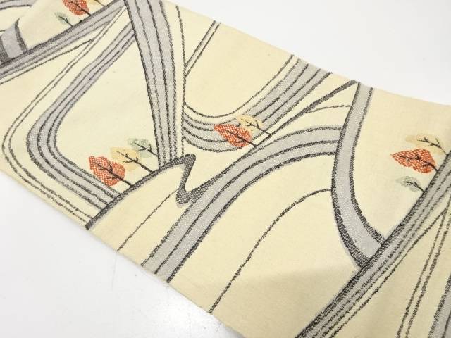 手織り真綿紬　抽象風景模様織り出し　名古屋帯【中古】【着】【名古屋帯】 宗sou