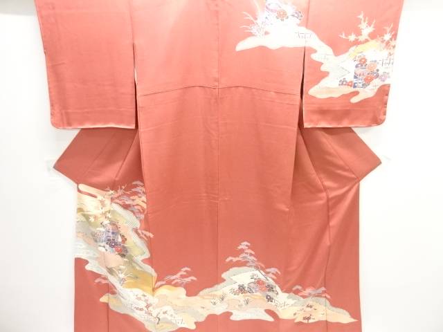 霞に貝桶・花飾りつけ短い訪問着【中古】【着】【短い訪問着・付下げ】 宗sou