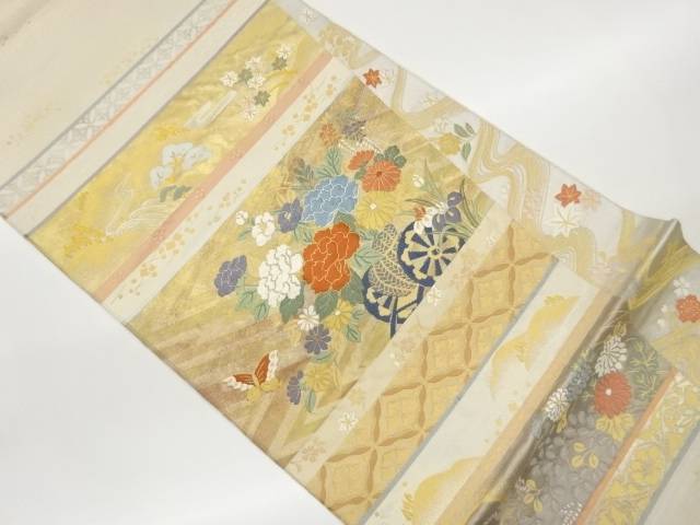 横段に花車・蝶・遠山模様織出し袋帯【中古】【着】【袋帯】 宗sou