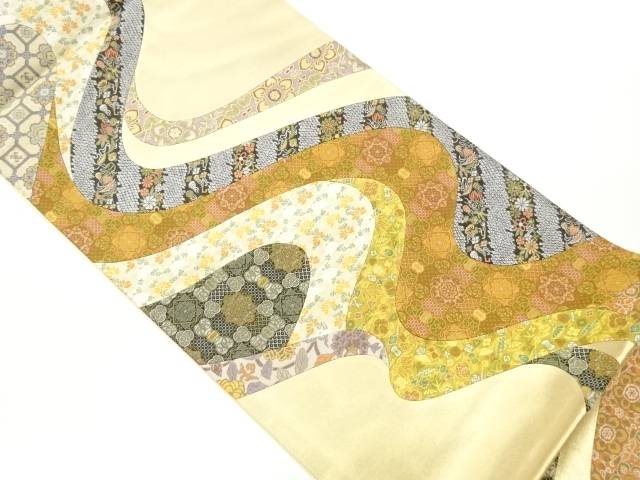 切り嵌め曲線に草花・宝尽くし模様織出し袋帯【中古】【着】【袋帯】 宗sou