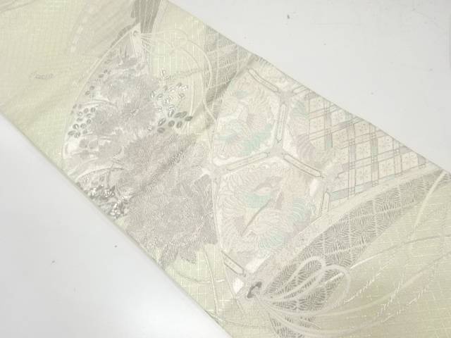 扇に牡丹・鴛鴦模様織り出し　袋帯【中古】【着】【袋帯】 宗sou