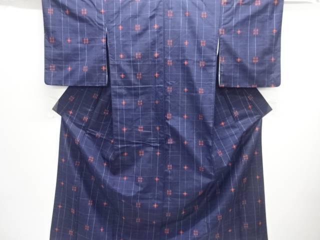 格子に絣柄織り出し手織り紬着物【中古】【着】【紬・お召し】 宗sou