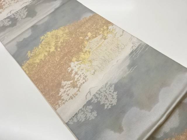 服部織物製　こはく錦手工芸寺院に木々模様織出し袋帯【中古】【着】【袋帯】 宗sou