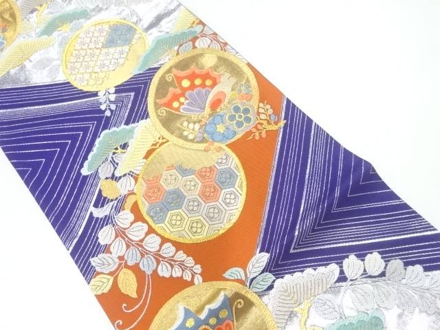 丸文に八重梅・松藤模様織出し袋帯【中古】【着】【袋帯】 宗sou