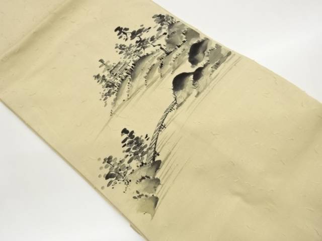 ひげ紬手描き木々に家屋・橋風景模様名古屋帯【中古】【着】【名古屋帯】 宗sou