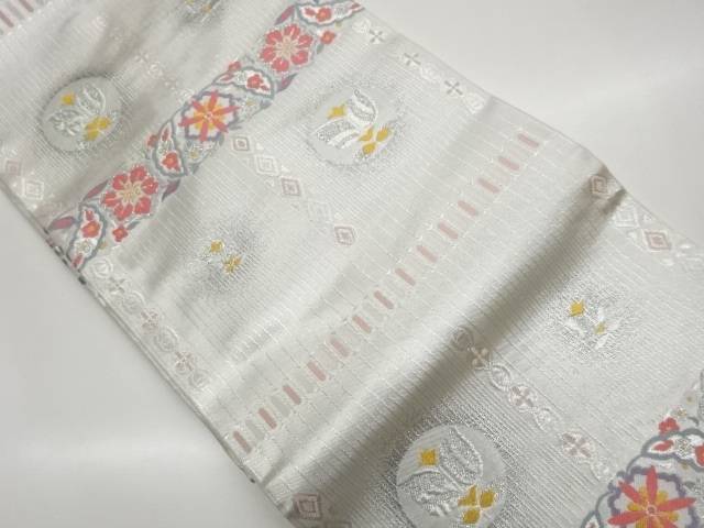 格子に華文・抽象花葉模様織出し名古屋帯【中古】【着】【名古屋帯】 宗sou