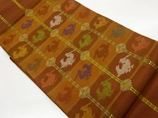 手織り紬格子に抽象動物模様織出し名古屋帯【中古】【着】【名古屋帯】 宗sou