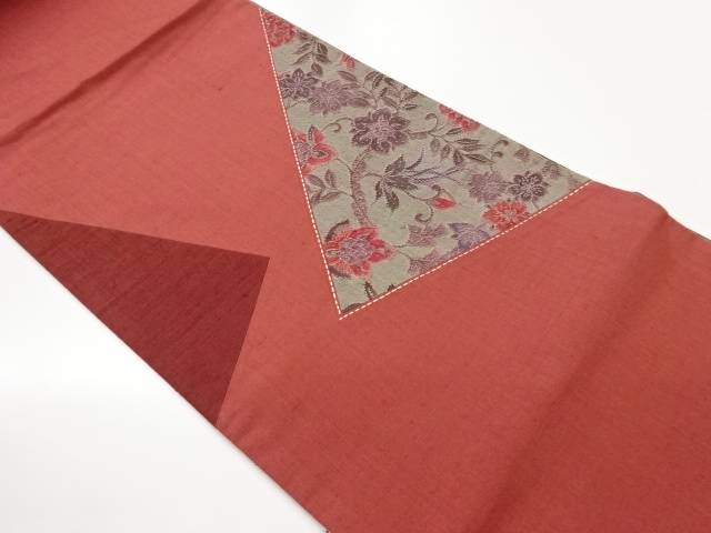 手織り紬切り嵌め刺し子相良刺繍花唐草模様袋帯【中古】【着】【袋帯】 宗sou