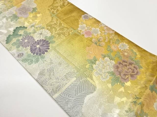 道長取り・花々に波・格子模様織出し袋帯【中古】【着】【袋帯】 宗sou
