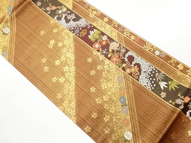 花々に縞模様織出し袋帯【中古】【着】【袋帯】 宗sou