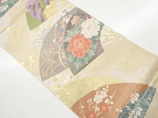 扇子に花々・草・松模様織出し袋帯【中古】【着】【袋帯】 宗sou