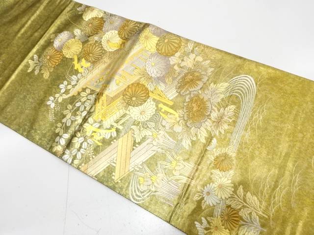 和田光正作　箔置　花鳥風月に屋敷風景模様　袋帯【中古】【着】【袋帯】 宗sou