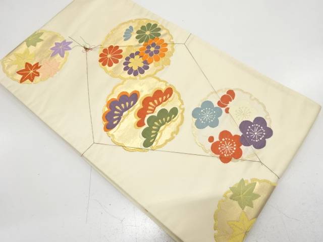 未使用品　雪輪に笠松・菊・梅模様織り出し　袋帯【着】【袋帯】 宗sou