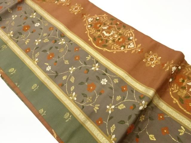 縞に鳥・花唐草模様織出し名古屋帯【中古】【着】【名古屋帯】 宗sou
